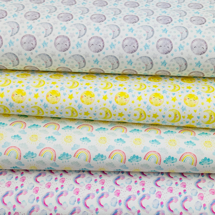 Sun Moon weather rainbow  - faux vegan Leatherette vinyl - canvas - choose Fabric material Sheets