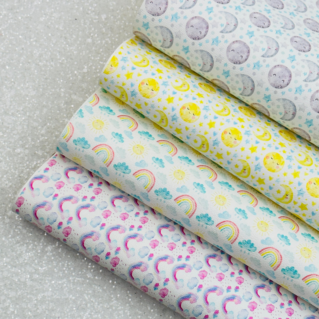 Sun Moon weather rainbow  - faux vegan Leatherette vinyl - canvas - choose Fabric material Sheets