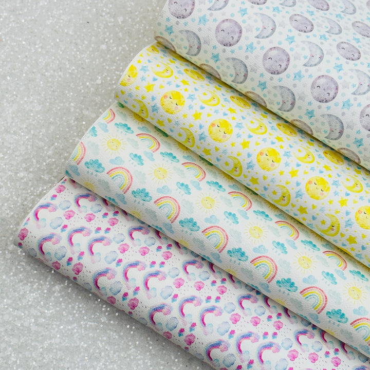 Sun Moon weather rainbow  - faux vegan Leatherette vinyl - canvas - choose Fabric material Sheets