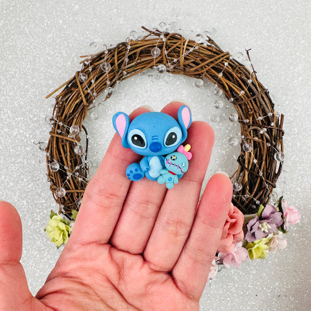 Blue monster and plushie - Handmade Flatback Clay Bow Centre