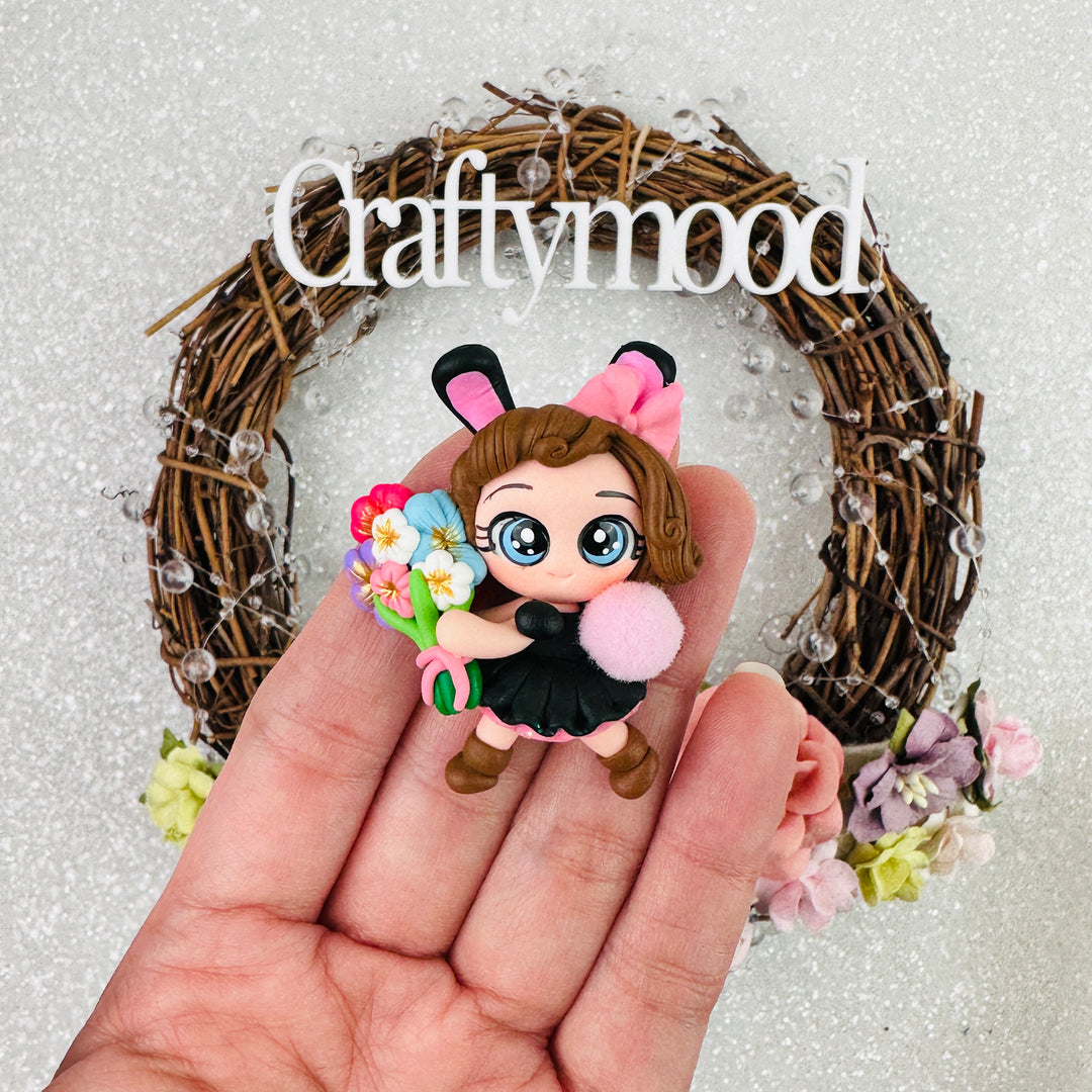SALE Bunny girl pom pom - Handmade Flatback Clay Bow Centre