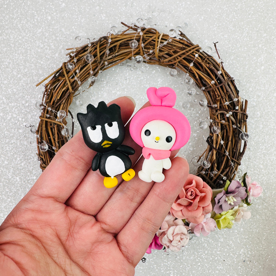 Penguin and white rabbit - Handmade Flatback Clay Bow Centre