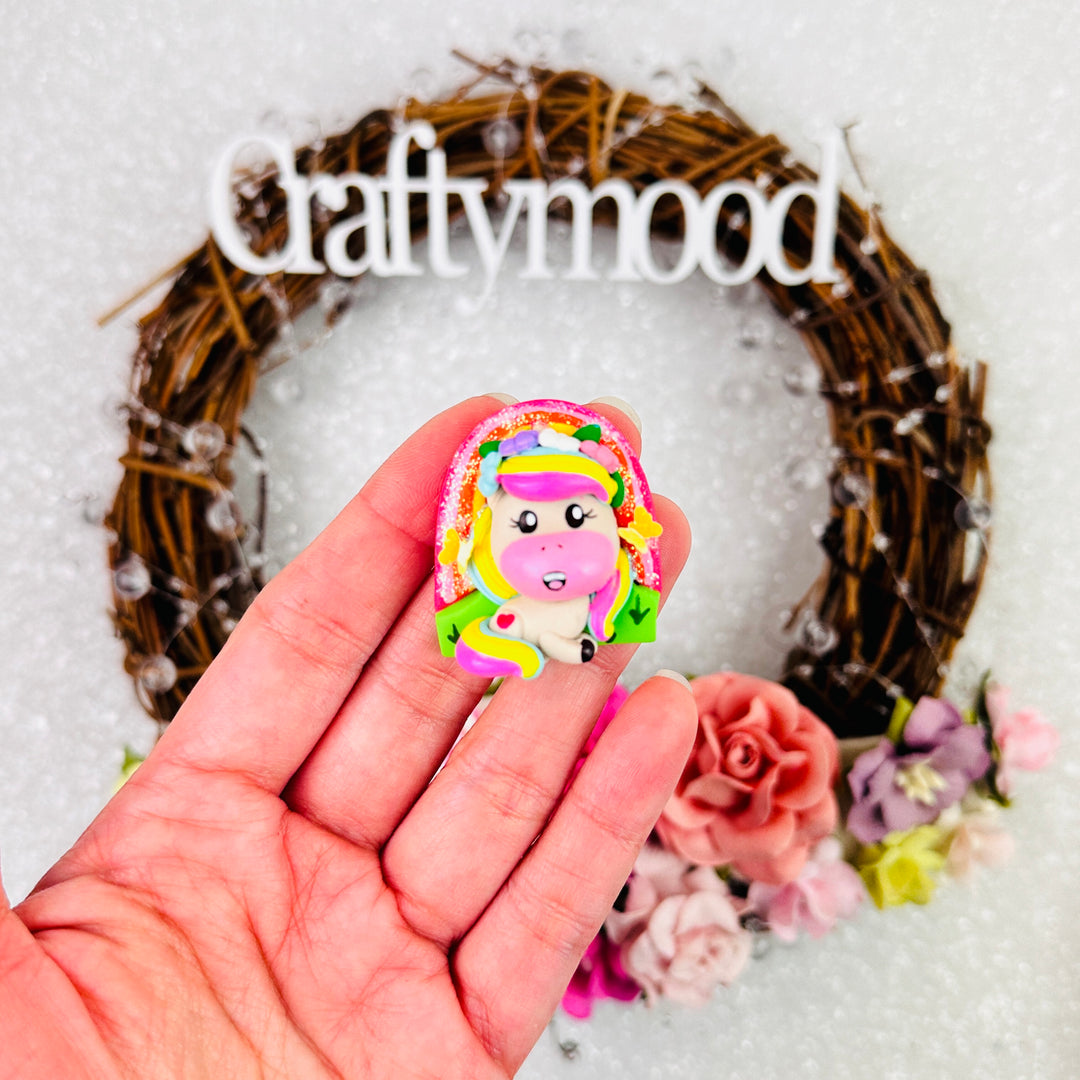 Rainbow curve unicorn - Handmade Flatback Clay Bow Centre