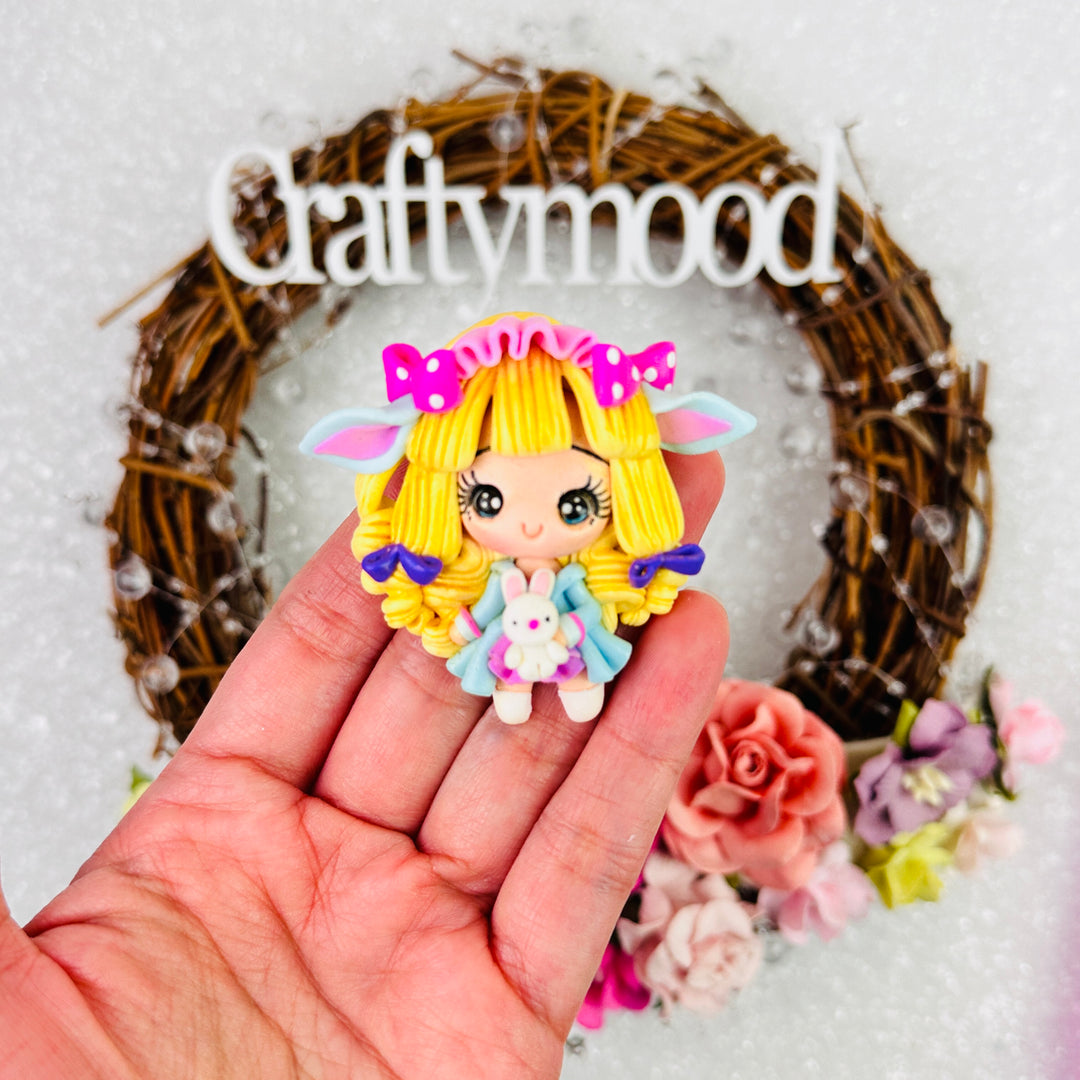 Pajama girl with bunny plushie - Embellishment Clay Bow Centre