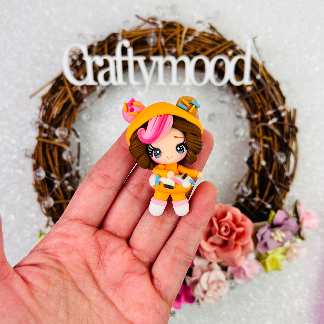 Donut girl brunette hair - Handmade Flatback Clay Bow Centre