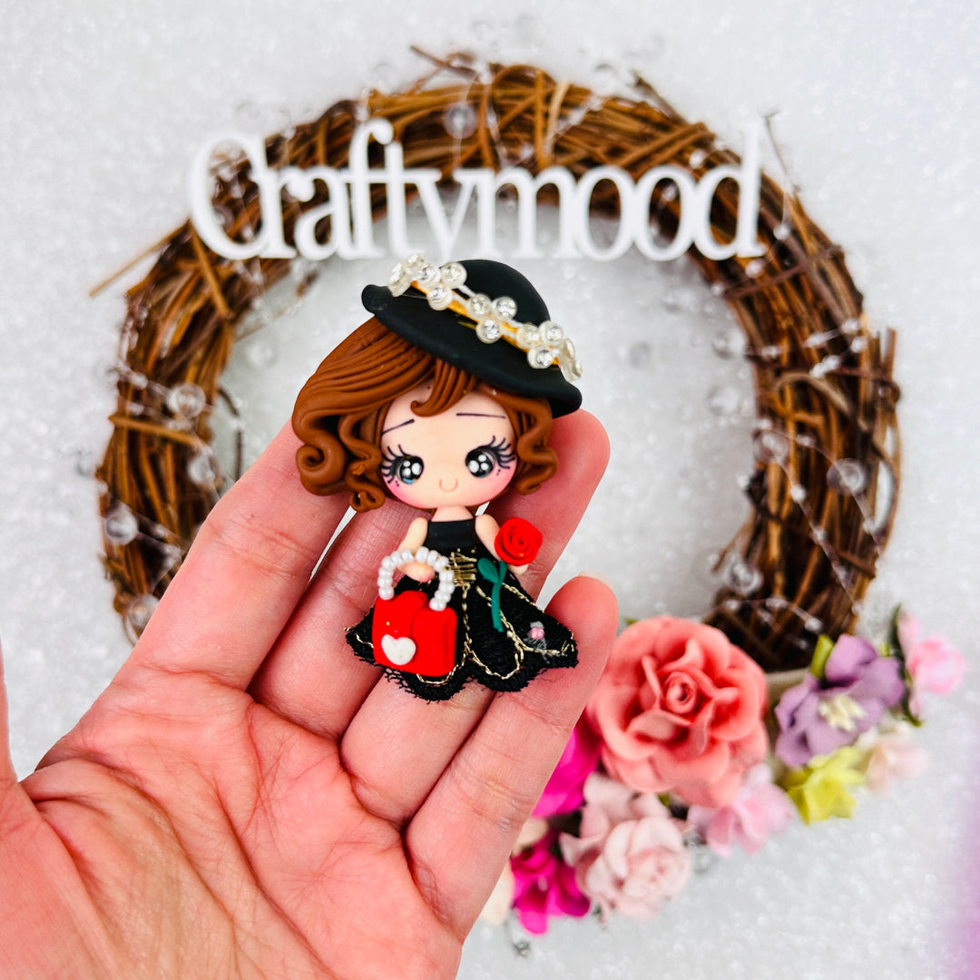 Black dress red rose girl - Embellishment Clay Bow Centre