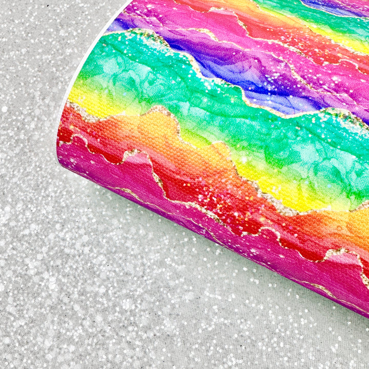 Rainbow marble gold geode - Pu Leatherette vinyl - canvas - choose Fabric material Sheets