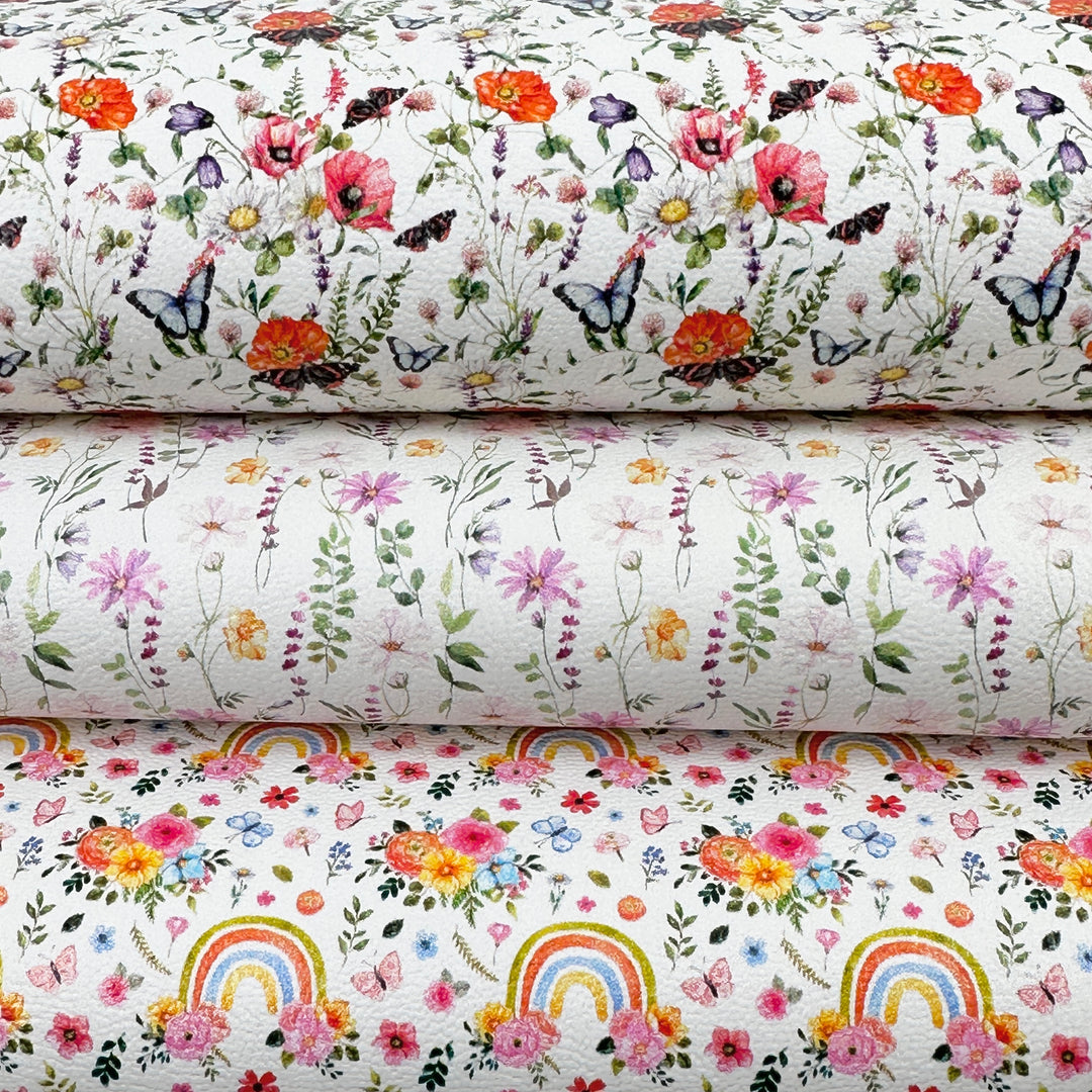 Wild flower Floral rainbow butterfly - Pu Leatherette vinyl - canvas - choose Fabric material Sheets