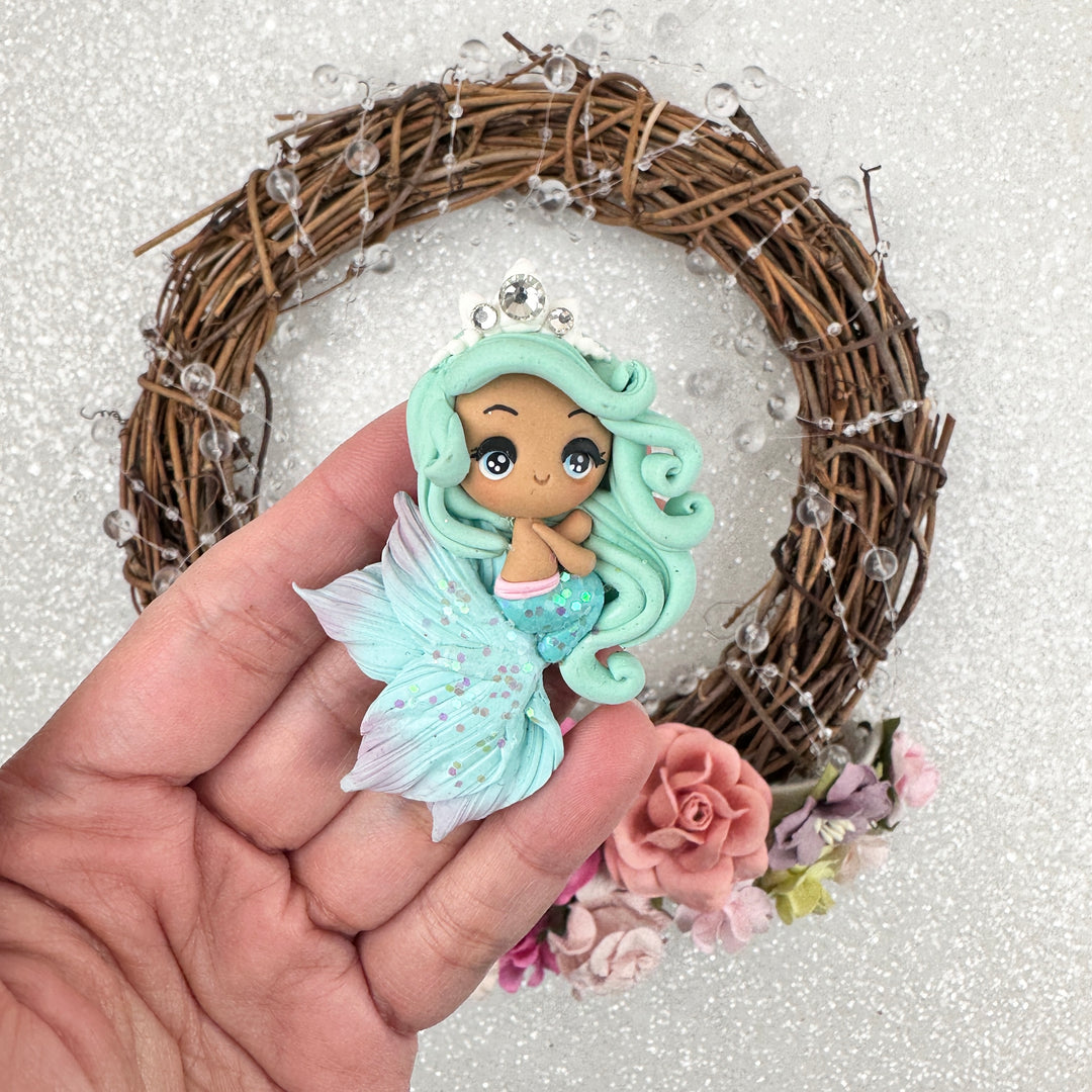 Mint mermaid brown skin - Handmade Flatback Clay Bow Centre