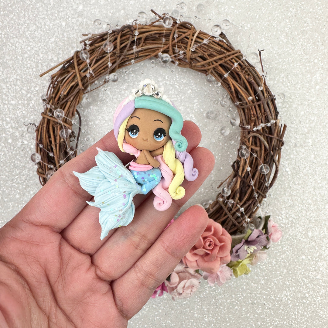 Rainbow hair mint tail brown skin mermaid - Handmade Flatback Clay Bow Centre