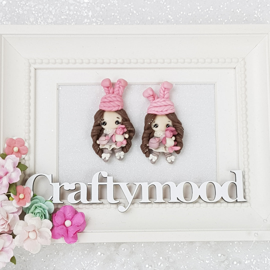 Pink Knitted Cap Girl - Handmade Flatback Clay Bow Centre