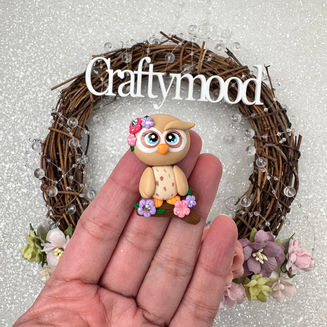 Owl with flowers - Handmade Flatback Clay Bow Centre