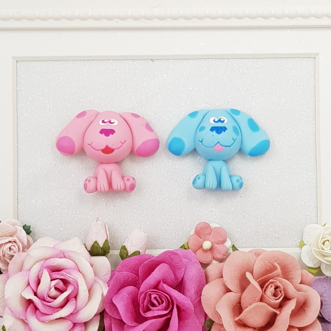 Cute Pink and Blue Dogs - Handmade Flatback Clay Bow Centre