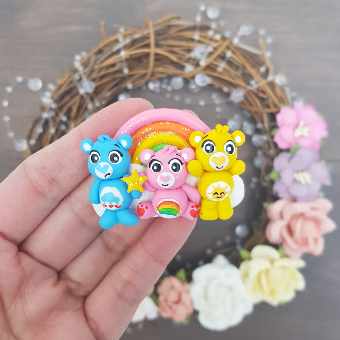 Rainbow bear - Handmade Flatback Clay Bow Centre