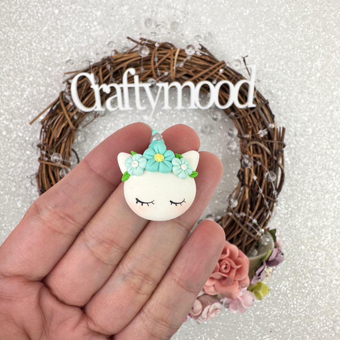 Unicorn head flower blue - Handmade Flatback Clay Bow Centre