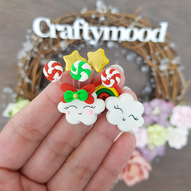 Christmas rainbow - Handmade Flatback Clay Bow Centre