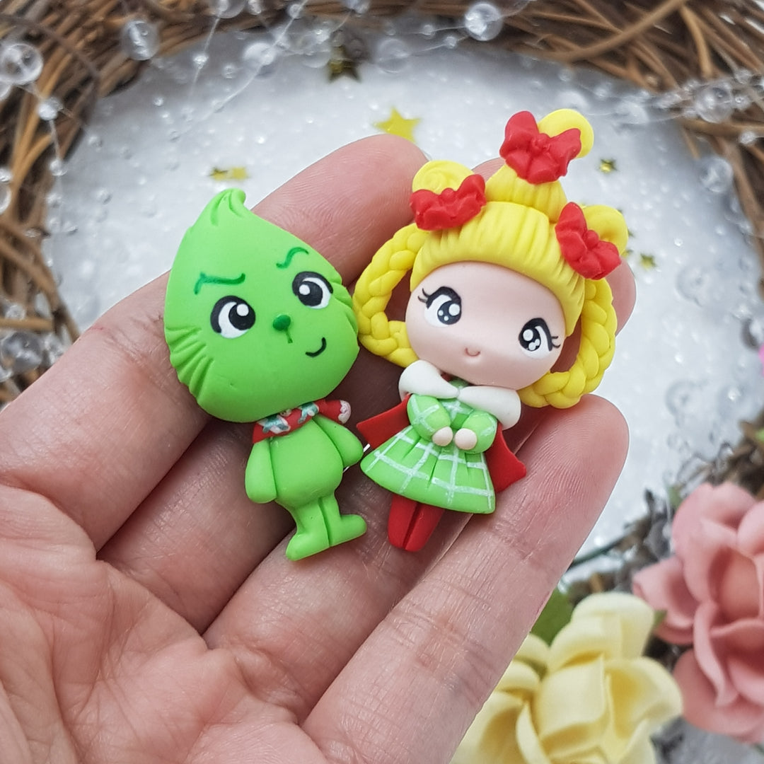 Christmas monster and girl - Handmade Flatback Clay Bow Centre