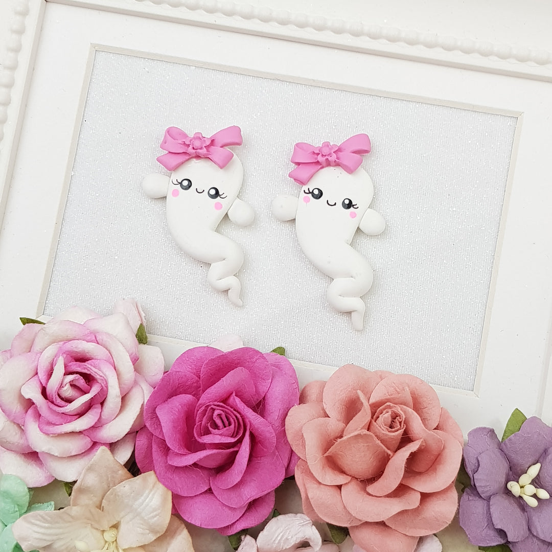 Cute pink bow ghost - Handmade Flatback Clay Bow Centre