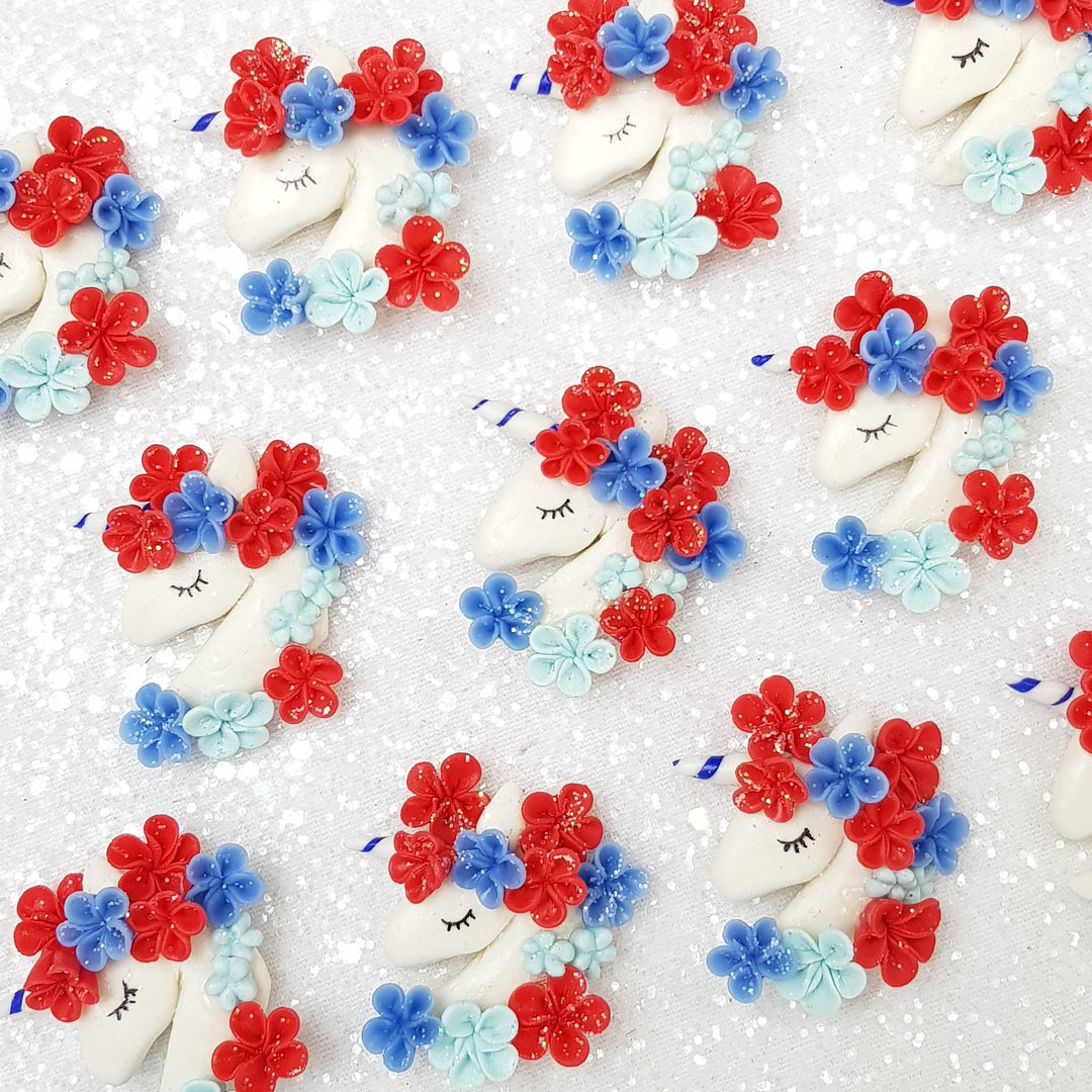 Unicorn with blue and red flowers - Handmade Flatback Clay Bow Centre - Crafty Mood