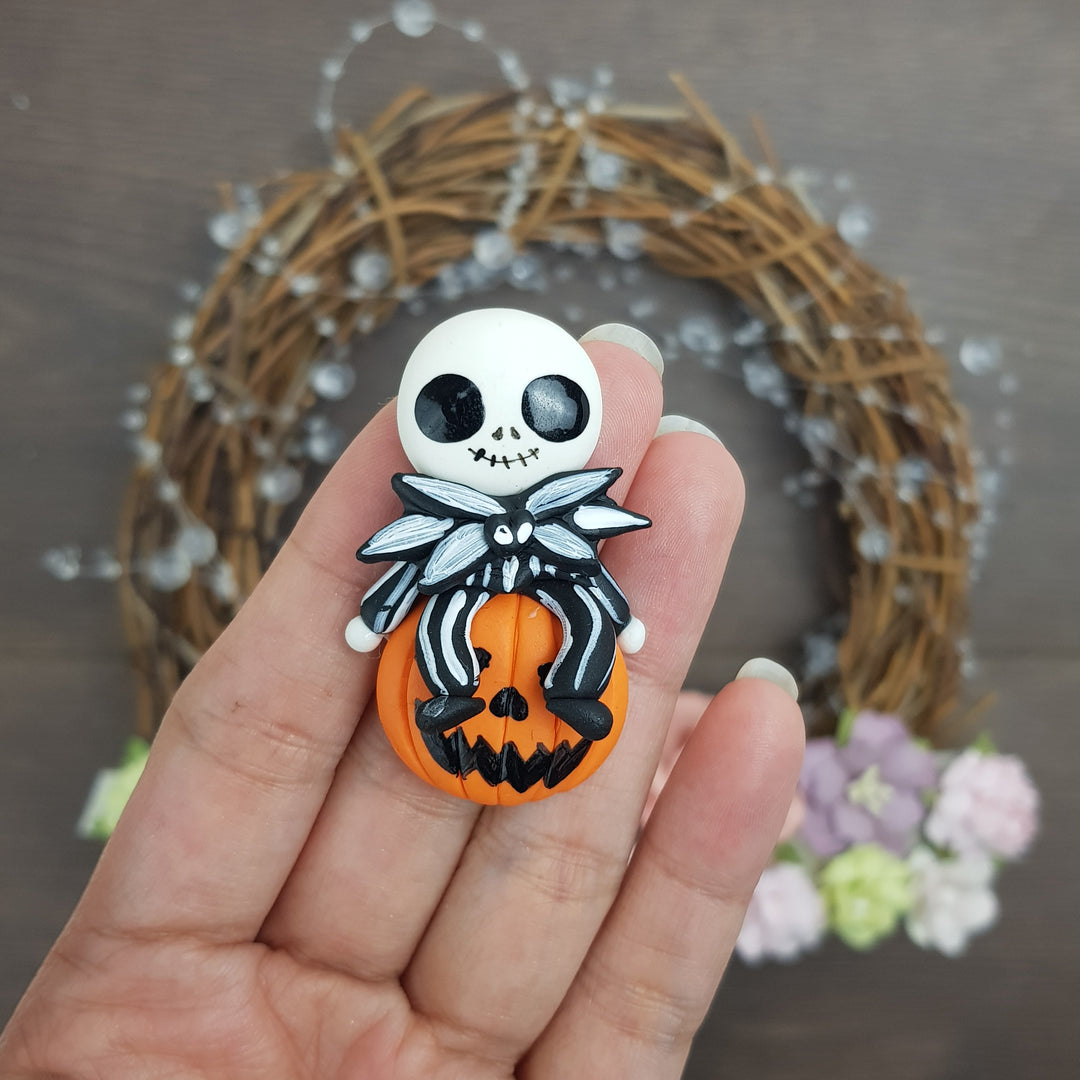 Autumn pumpkin skeleton boy - Handmade Flatback Clay Bow Centre