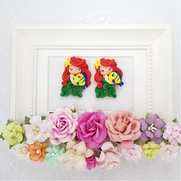 Red hair mermaid girl - Handmade Flatback Clay Bow Centre