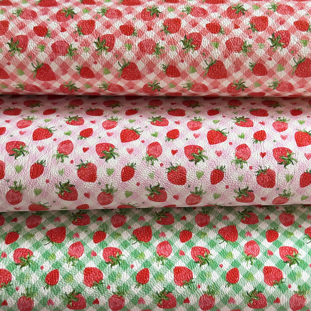 Gingham Strawberry - Pu Leather vinyl - canvas - choose Fabric material Sheets