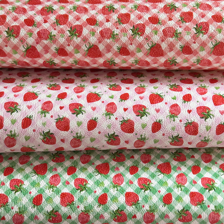 Gingham Strawberry - Pu Leather vinyl - canvas - choose Fabric material Sheets