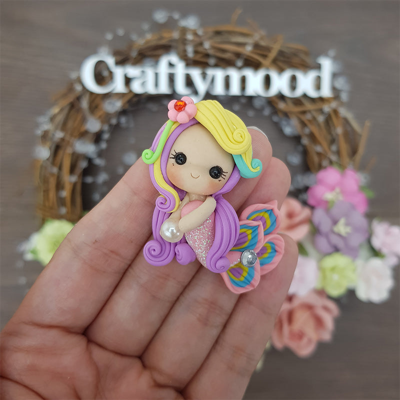 Purple pastel mermaid with pearl - Handmade Flatback Clay Bow Centre