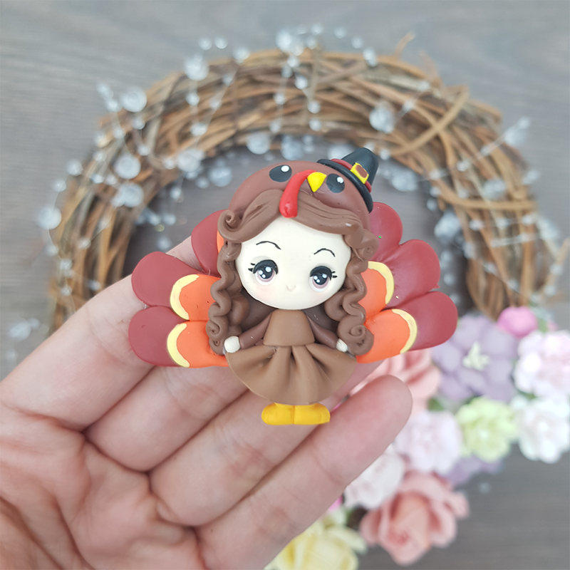 Thanksgiving turkey girl - Handmade Flatback Clay Bow Centre
