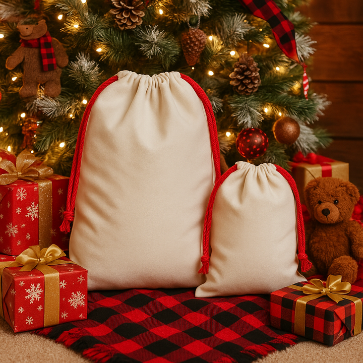 Plain Sublimation santa canvas sacks bag with red drawstring rope