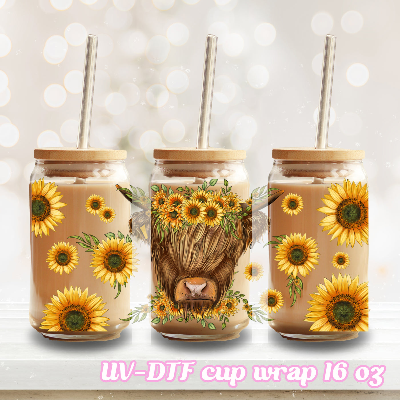 UV DTF - sunflower highland cow  - 16oz Libbey Glass Cup Wrap Only