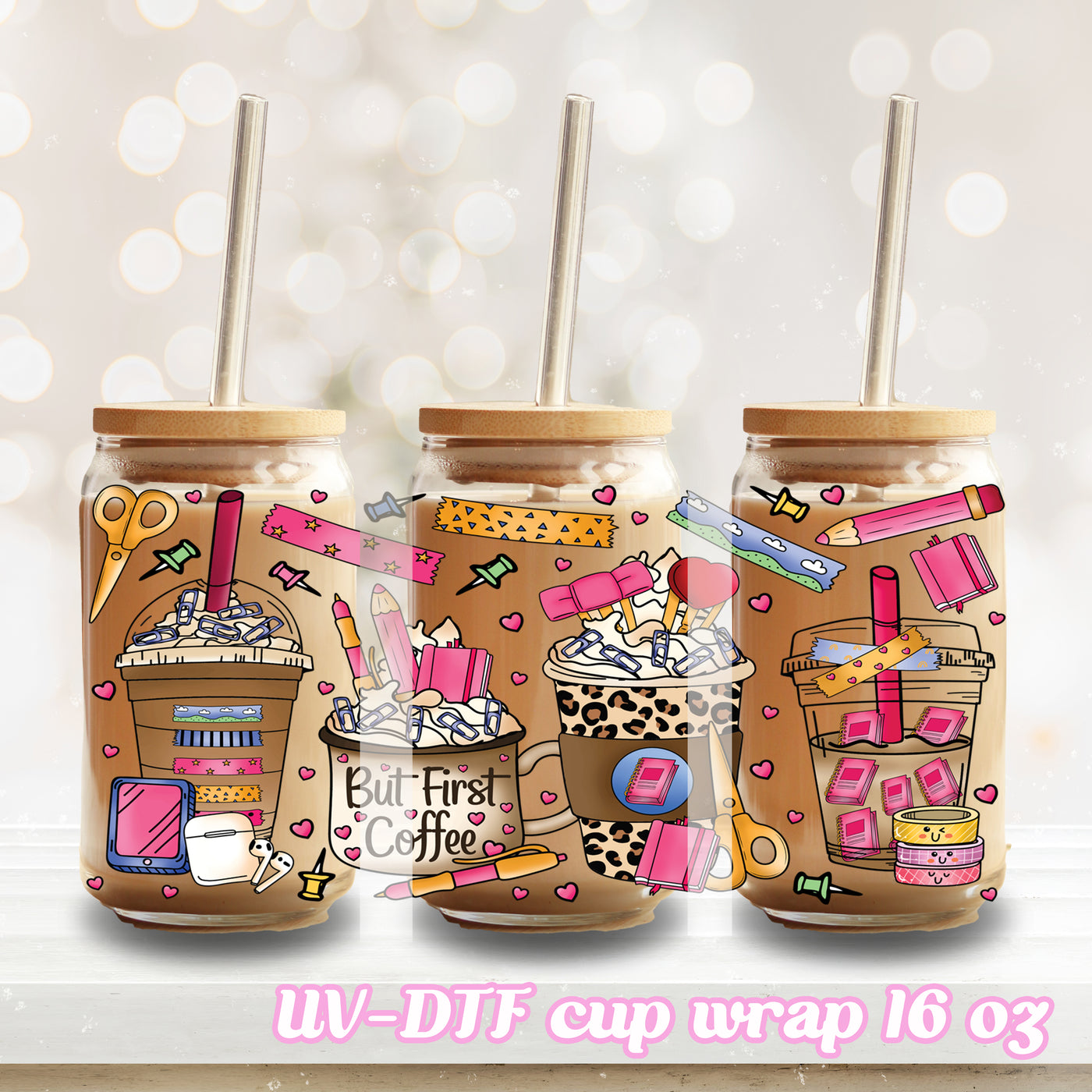 UV DTF - But First Coffee School - 16oz Libbey Glass Cup Wrap Only