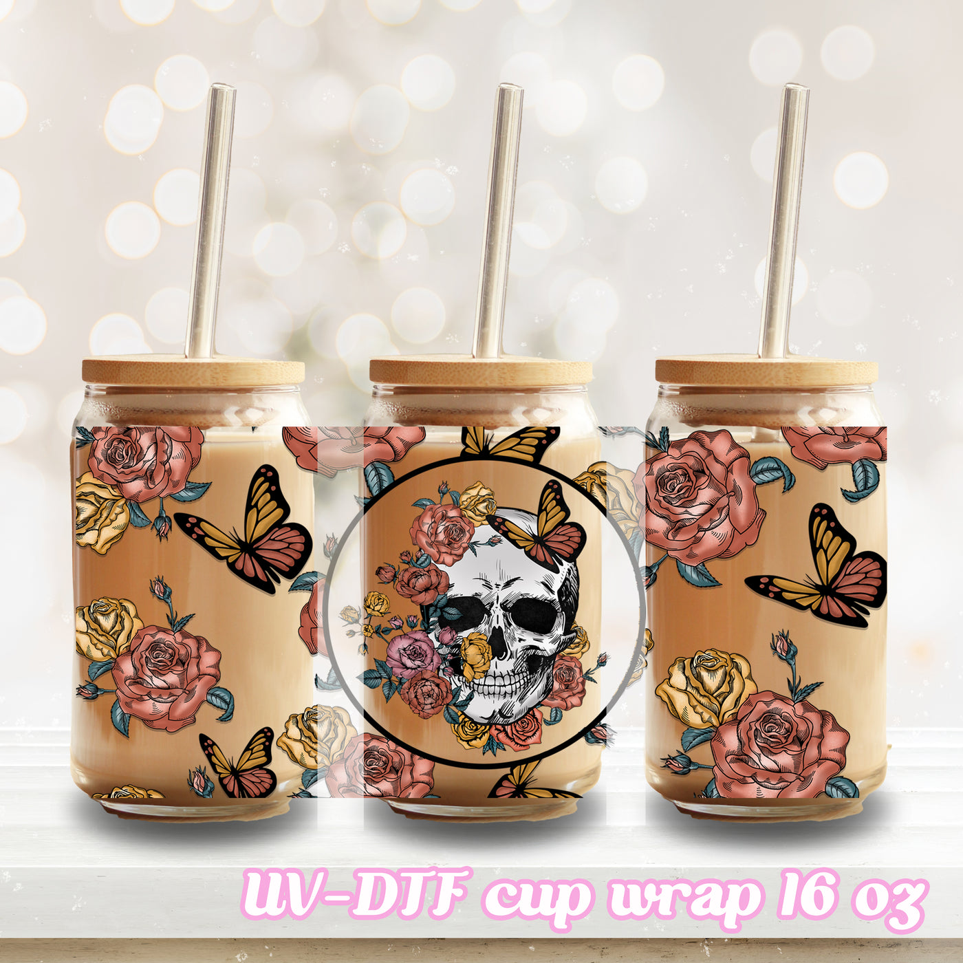 UV DTF - Skull Flower - 16oz Libbey Glass Cup Wrap Only