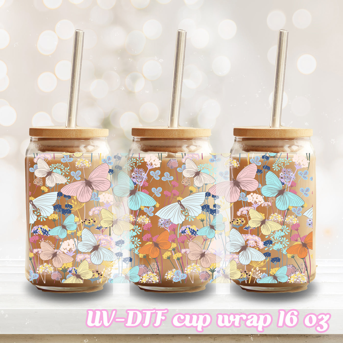 UV DTF - Butterfly - 16oz Libbey Glass Cup Wrap Only
