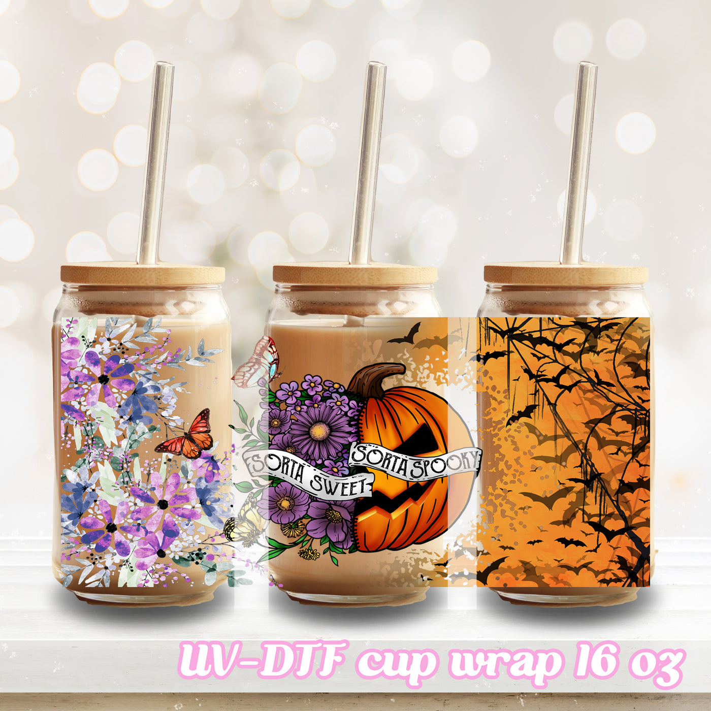 UV DTF - Sorta sweet sorta spooky pumpkin - 16oz Libbey Glass Cup Wrap Only