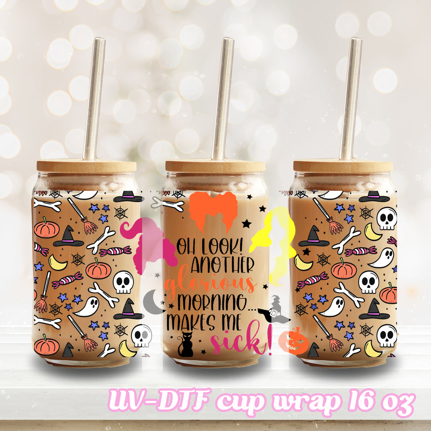 UV DTF - Glorious Morning Witch - 16oz Libbey Glass Cup Wrap Only