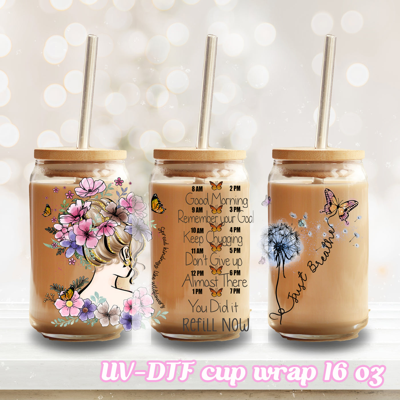 UV DTF - Affirmation Just Breath - 16oz Libbey Glass Cup Wrap Only