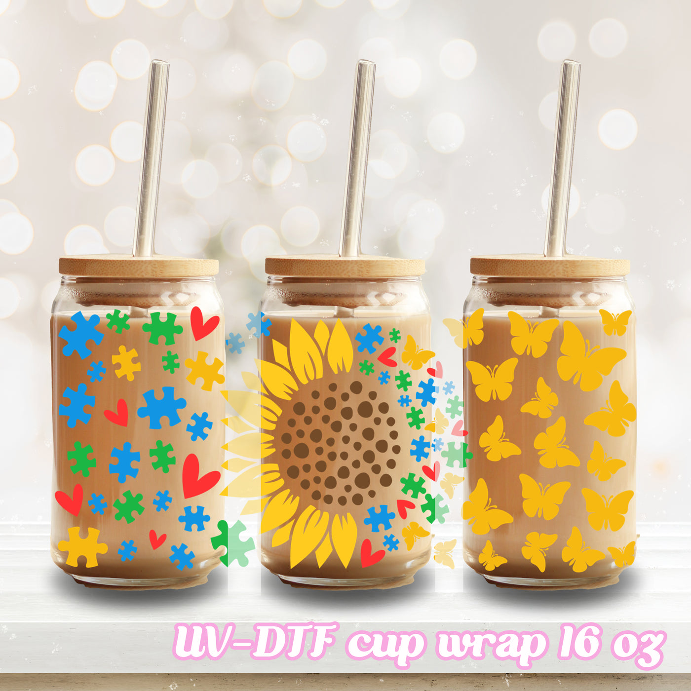 UV DTF - Autism Awareness Sunflower - 16oz Libbey Glass Cup Wrap Only