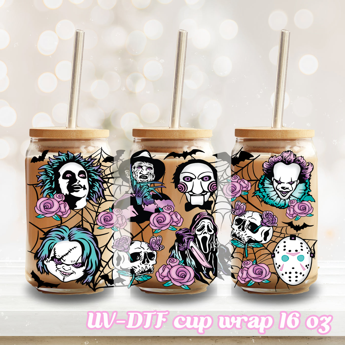 UV DTF - Horror Movie - 16oz Libbey Glass Cup Wrap Only