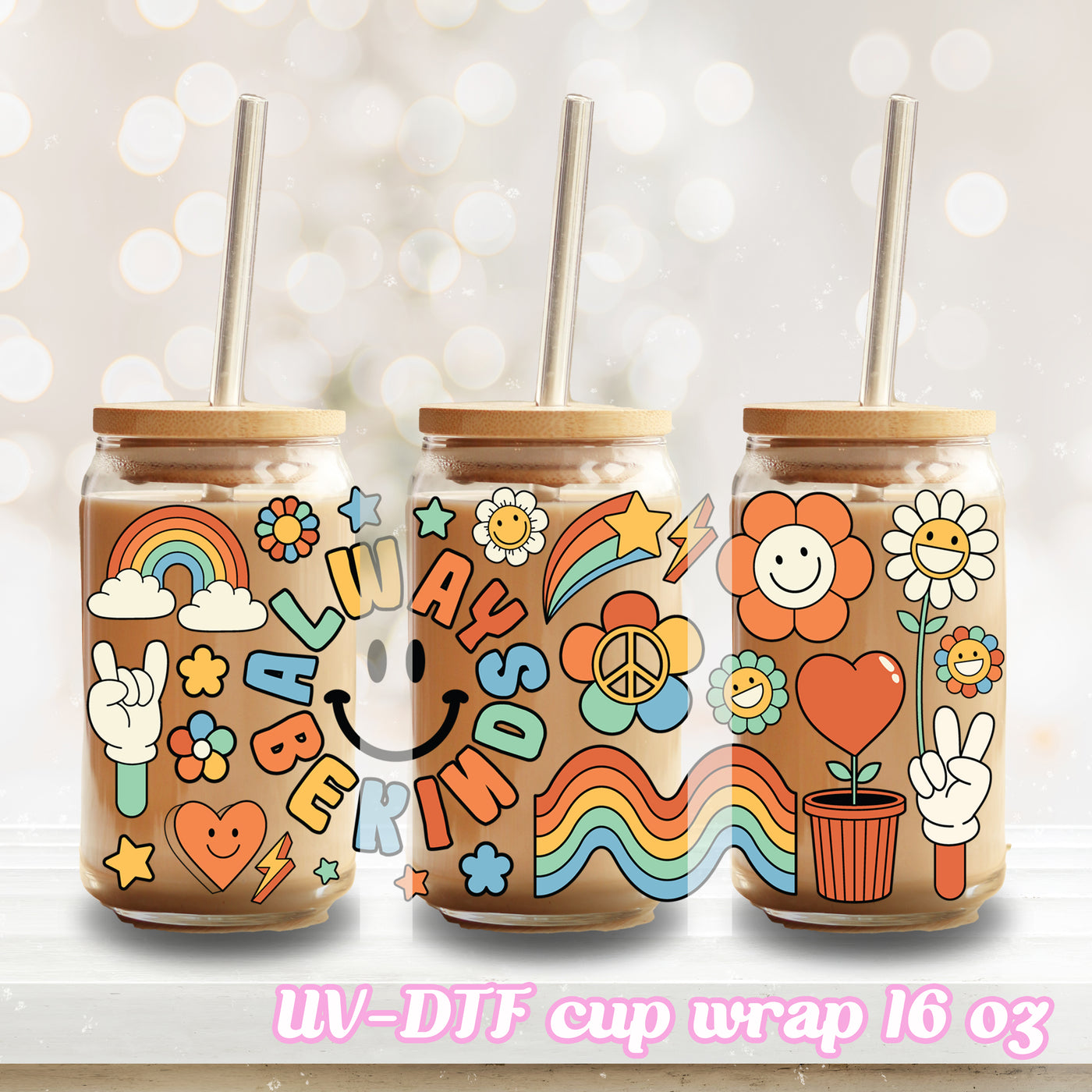 UV DTF - Be Kind Retro - 16oz Libbey Glass Cup Wrap Only