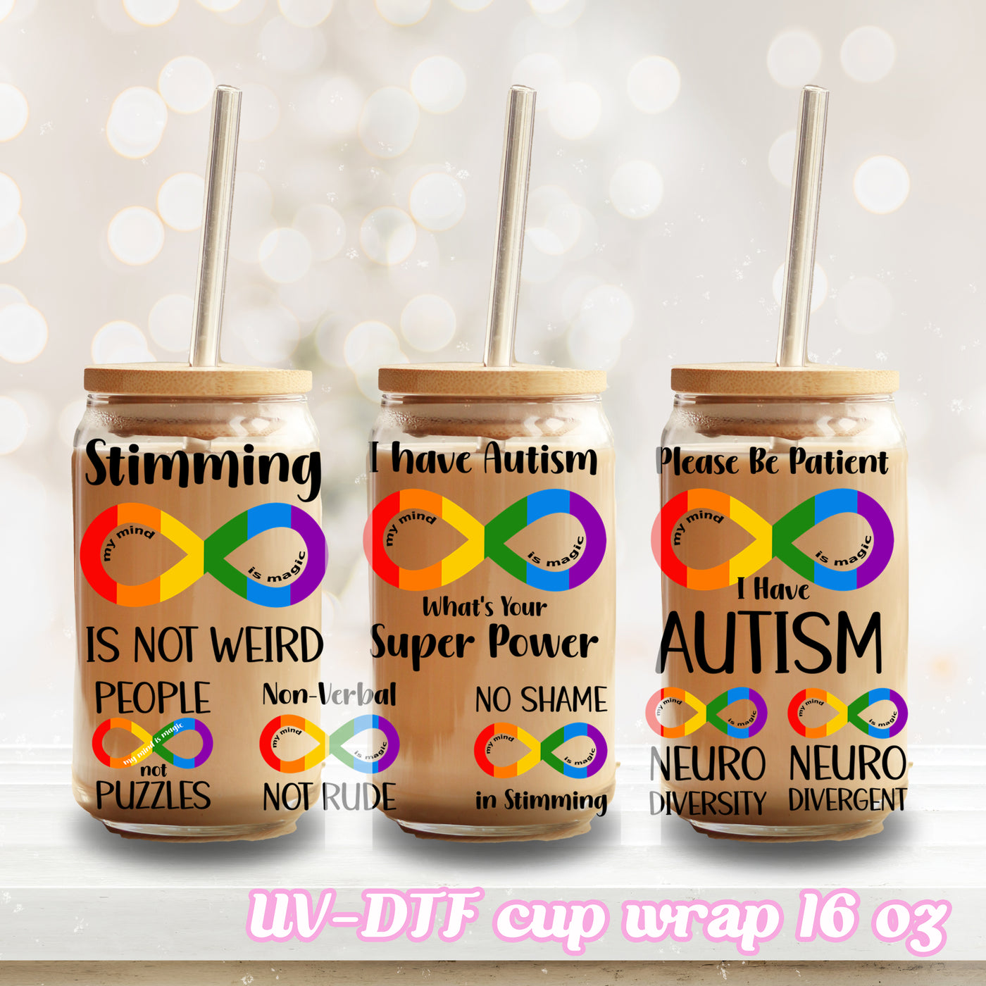 UV DTF - Autism Awareness - 16oz Libbey Glass Cup Wrap Only