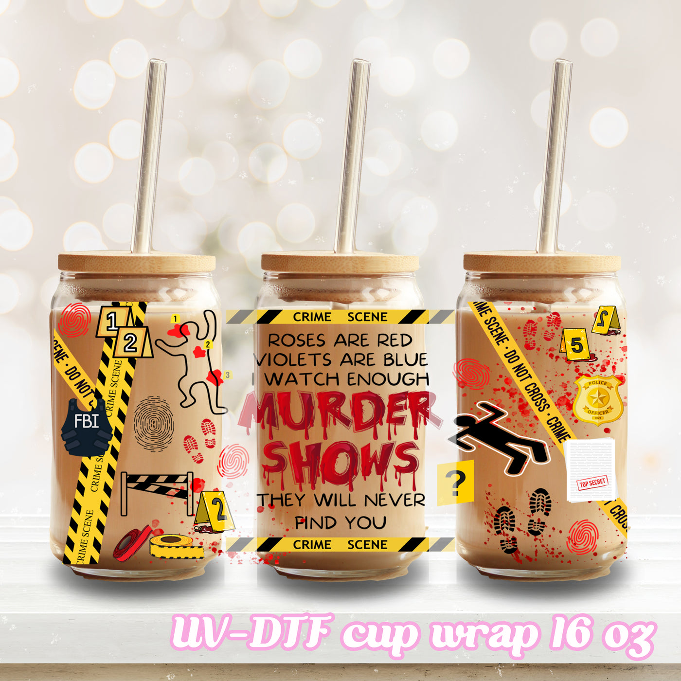 UV DTF - Murder Show Horror - 16oz Libbey Glass Cup Wrap Only