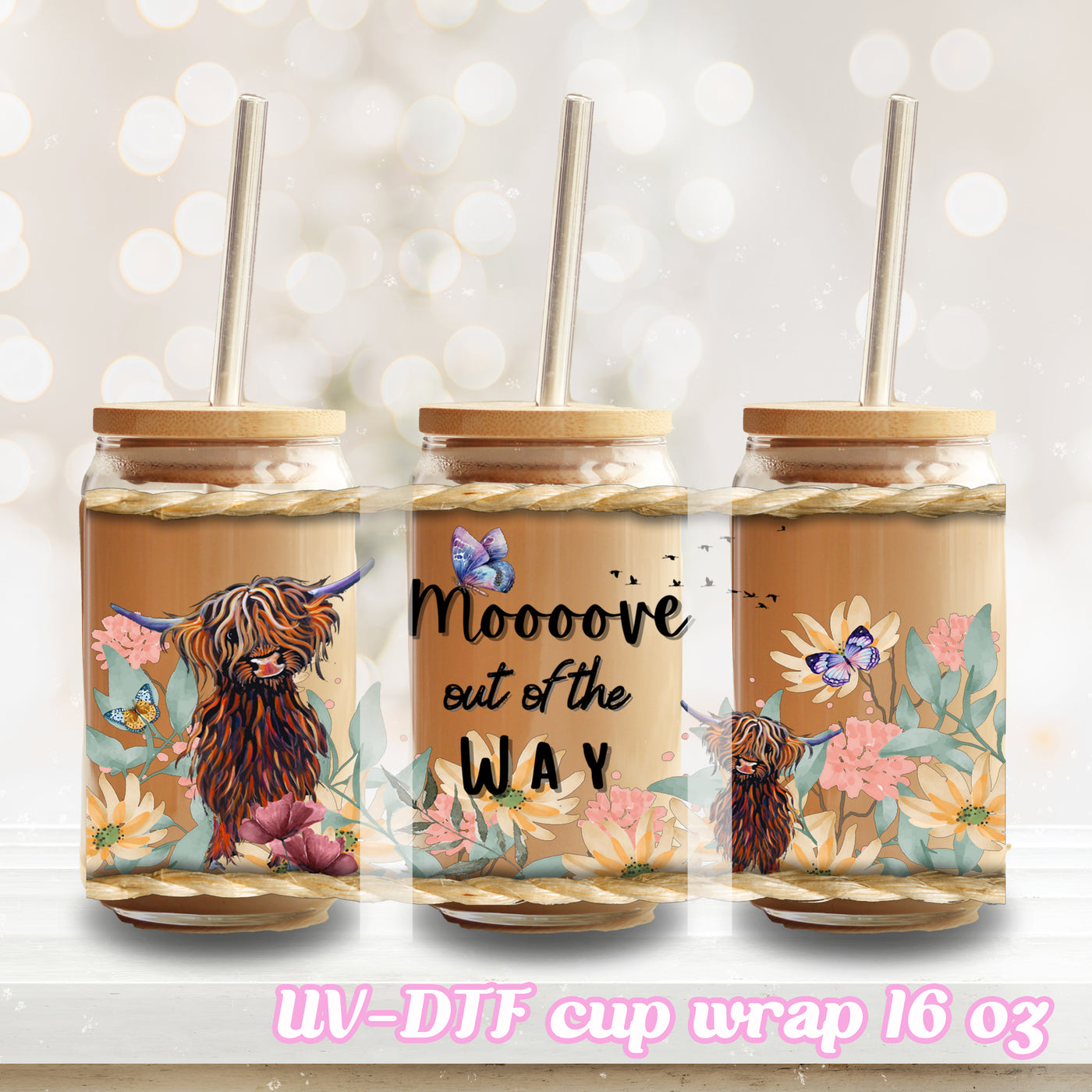 UV DTF - Moove Highland Cow - 16oz Libbey Glass Cup Wrap Only