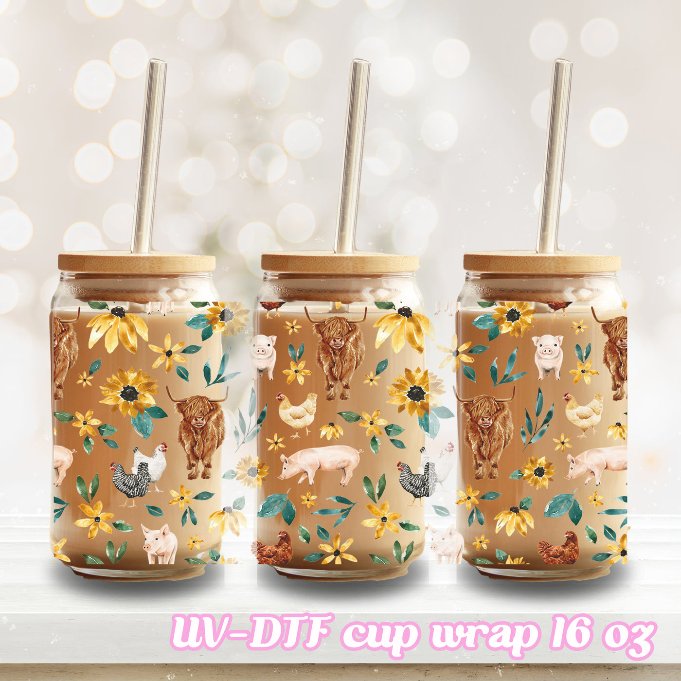 UV DTF - Highland cow, pig, farm - 16oz Libbey Glass Cup Wrap Only