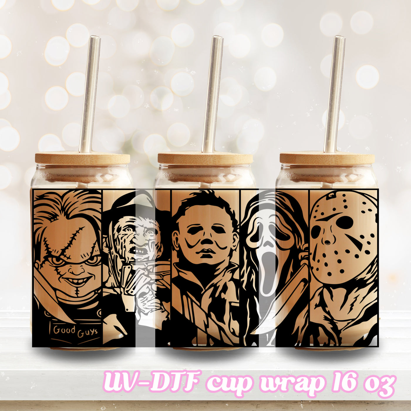 UV DTF - Horror movie - 16oz Libbey Glass Cup Wrap Only