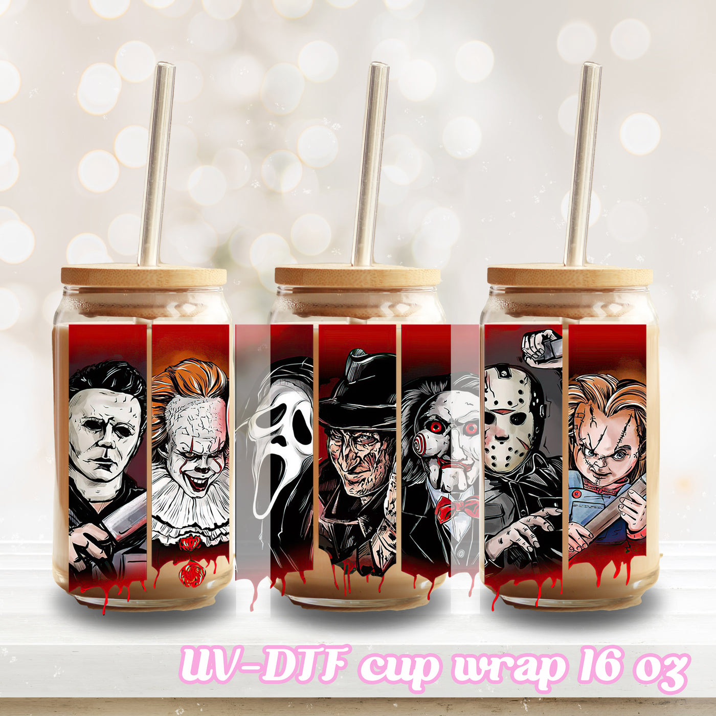 UV DTF - Horror movie - 16oz Libbey Glass Cup Wrap Only