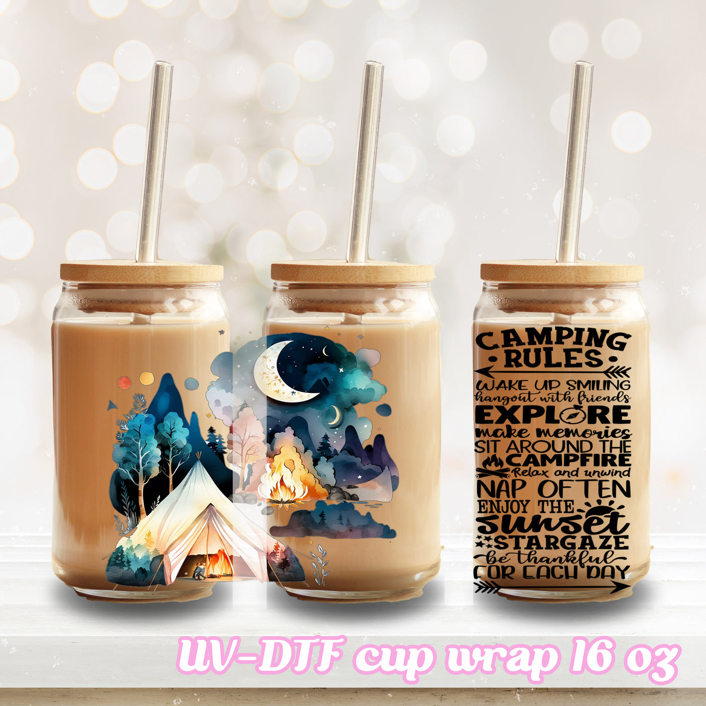 UV DTF - Camping camper - 16oz Libbey Glass Cup Wrap Only