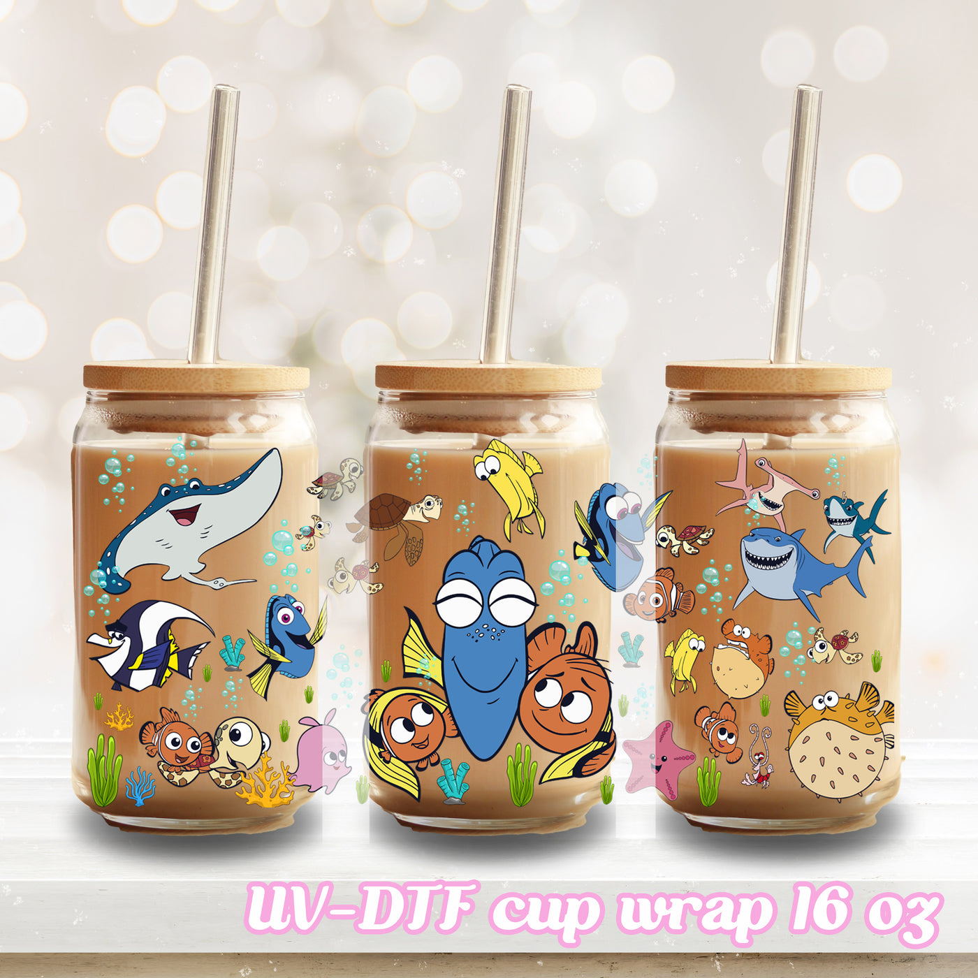 UV DTF - Fish seaworld - 16oz Libbey Glass Cup Wrap Only