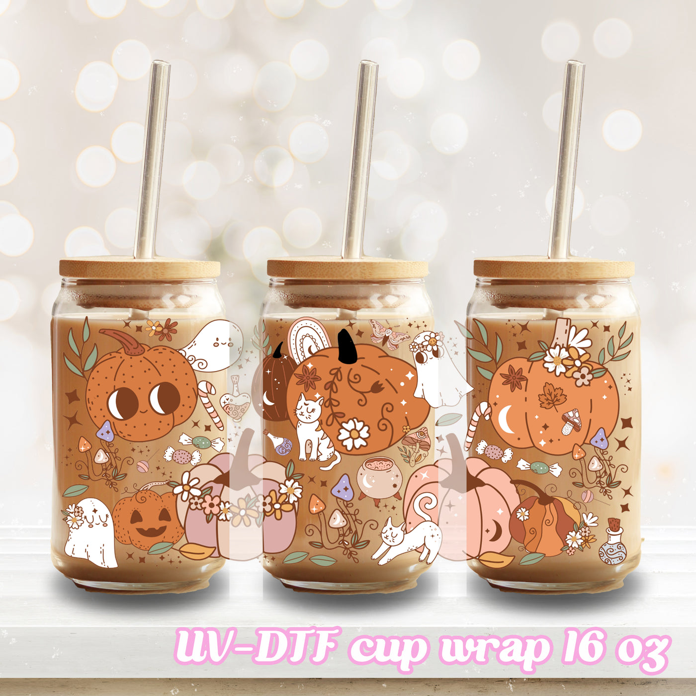 UV DTF - Autumn pumpkin - 16oz Libbey Glass Cup Wrap Only