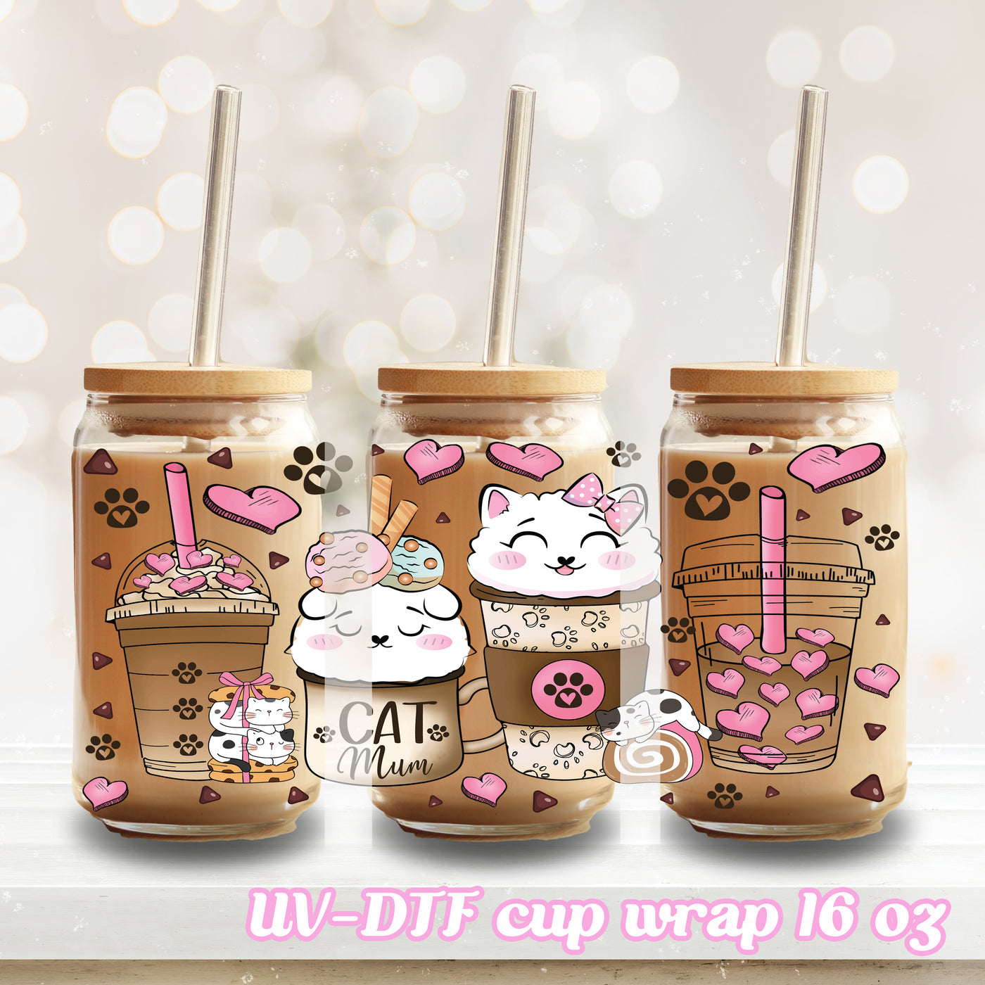 UV DTF - cat mum - 16oz Libbey Glass Cup Wrap Only